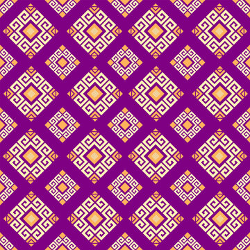 Bohemian Purple Tribal Seamless Pattern with Golden Geometric Shapes, Decorative Ethnic Wallpaper and Upholstery Fabric Design for Home Decor