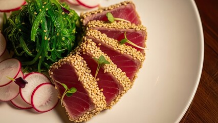 Tuna Sashimi with Sesame Seeds and Greens.
