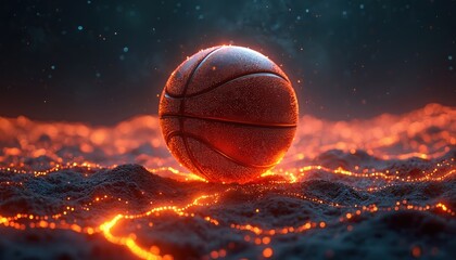 Basketball sits on abstract fiery ground. Glowing particles illuminate the dark futuristic landscape. Orange light pulses with energy, creating a dynamic sports theme. Space and motion concepts merge.