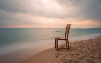 Obraz premium Empty wooden chair sits on sandy beach looking out at calm sea. Gentle waves wash ashore under a soft clouded sky at sunset creating a peaceful scene.
