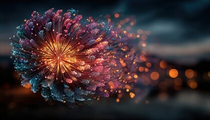 Close-up photo of vibrant fireworks bursting in dark night sky, full color explosion