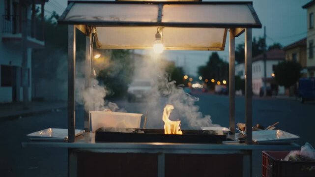 Street Food Flames: Night Cooking on a Cart