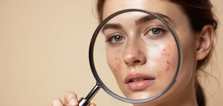 Woman checks skin with couperose and red spots using magnifying glass. Young female examines facial blemishes and vascular issues for treatment. Skin imperfections visible on cheek. Beauty problem.