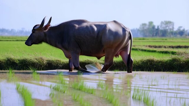 Majestic Water Buffalo Walks Through Asian Rice Paddies