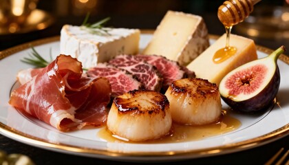 Gourmet Charcuterie Board with Honey Glazed Scallop and Fig