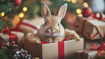 Cute bunny sitting inside a gift box surrounded by Christmas decorations and lights, festive cozy atmosphere and warm holiday mood