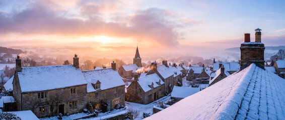 Winter Sunrise Over Snow Covered Village Rooftops With Golden Morning Light