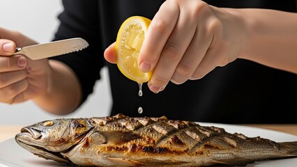 Squeezing Lemon on Grilled Fish.