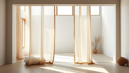 Modern zen-inspired room with thin linen curtains, bright open space, whitewashed walls, soft natural shadows, peaceful and balanced mood 2