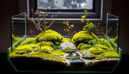 Modern Wabi-Kusa-inspired tank with emersed moss and compact stem plants, displayed in a rimless shallow tank 2