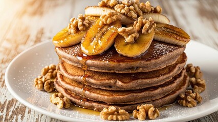 Stack of Chocolate Pancakes with Banana and Walnuts.