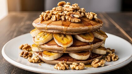 Stack of Pancakes with Banana and Walnuts.