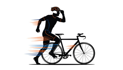 Fototapeta premium Triathlon athlete silhouette running with road bike, professional cyclist in motion with speed lines, duathlon competition vector illustration