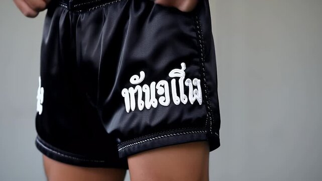 Close-up views of black Muay Thai shorts with traditional Thai script design displayed