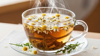 Steaming Chamomile Tea in Glass Cup.