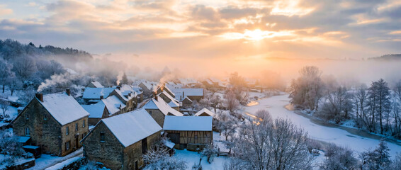 Magical Winter Sunrise Over Snow-Covered Village with River and Smoke