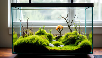 Modern Wabi-Kusa-inspired tank with emersed moss and compact stem plants, displayed in a rimless shallow tank