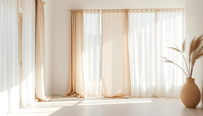 Modern zen-inspired room with thin linen curtains, bright open space, whitewashed walls, soft natural shadows, peaceful and balanced mood