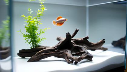 Nano aquascape with clean lines, centered driftwood, smooth white substrate, one betta fish swimming gracefully, low-angle light and shallow focus