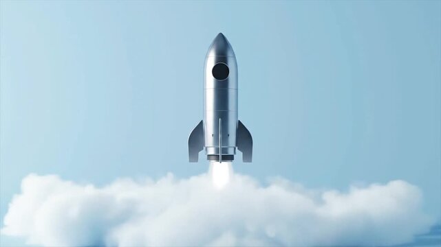 high quality 3D animation of a small rocket taking off smoothly upward slow motion launch soft volumetric white smoke clean minimal aesthetic solid color backdrop centered framing calm inspirational m
