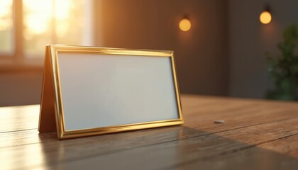 Golden table card holder stands on wooden surface. Empty name plate sits ready for event details. Display frame awaits text for business or personal use. This object is perfect for meeting or wedding.