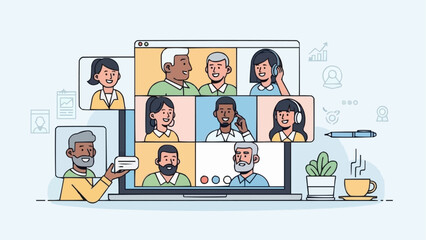 Diverse group of people collaborating in a virtual meeting online.