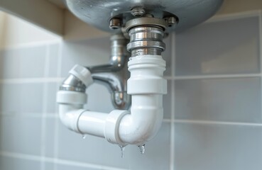 Water drips from a leaking kitchen sink pipe. A plumbing problem requires urgent repair. Wet pipes create moisture damage and household issues.