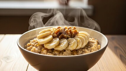 Steaming Hot Oatmeal with Banana and Nuts.