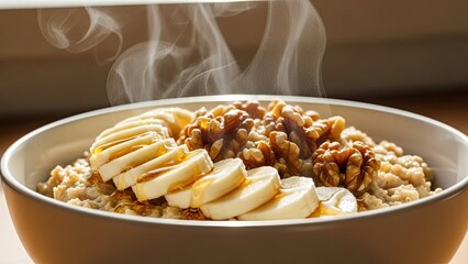 Steaming Hot Oatmeal with Banana Slices.