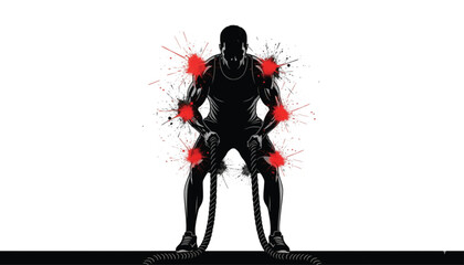 Fototapeta premium Athletic battle ropes workout silhouette with red paint splatter, muscular man performing high intensity functional training, fitness and crossfit vector illustration