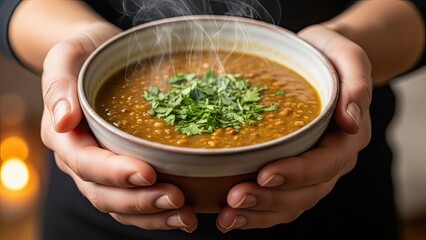 Steaming Hot Soup in Hands.