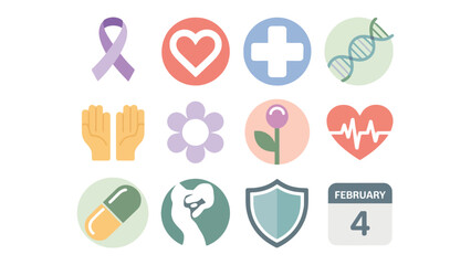 Health & Wellness Icon: A vibrant collection of health and wellness icons in a circular design, including a ribbon, heart, cross, DNA, hands, flower, pill, shield, calendar.