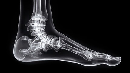 A medical illustration of the human foot, showcasing bone structure through an x-ray, with a stark contrast against black