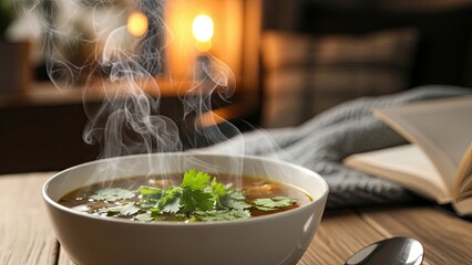 Steaming Hot Soup in Ceramic Bowl.