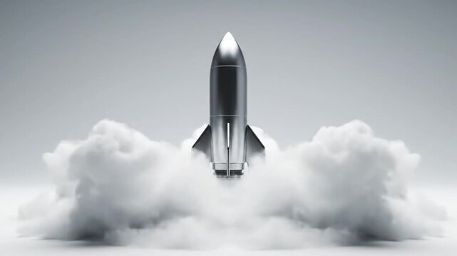small rocket launch in realistic 3D slow motion gentle ascent soft white smoke flowing naturally minimal clean composition solid color background centered subject calm inspiring visual static camera u
