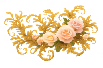 Ornate golden baroque scrollwork arranging with delicate pink roses flowers, transparent background featuring elegant floral design