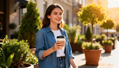 Young woman walking down city street with coffee on sunny day