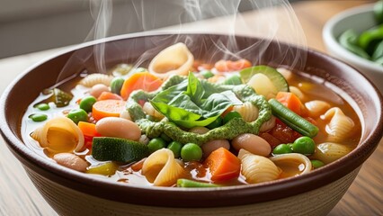 Steaming Hot Vegetable Soup in Bowl.