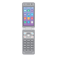 Retro cell flip mobile phone. Vintage communication device. Vector illustration graphic isolated on white background. EPS 10