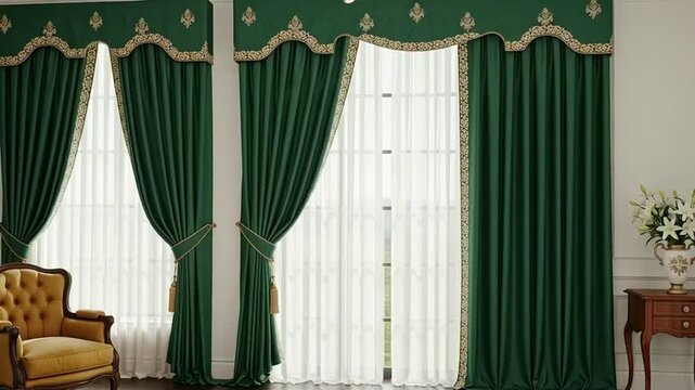 Elegant Green Drapes with Gold Trim and Yellow Armchair by Window