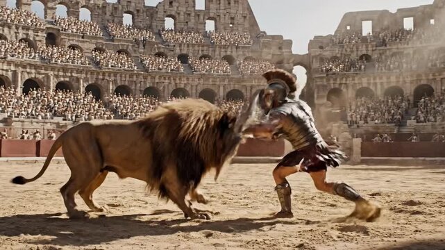 A gladiator defends against a roaring lion in an ancient Roman arena filled with spectators