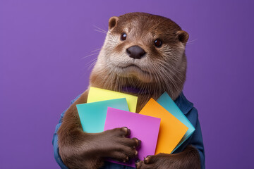 Otter in blue shirt holding colorful sticky notes on purple background
