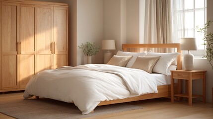 Beautifully illuminated bedroom scene featuring a natural oak wood bed frame and large matching wardrobe creating a serene and cozy minimalist aesthetic