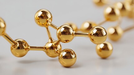 Close-up of a golden molecular structure with interconnected spheres on a neutral surface. The light reflects on the polished surfaces