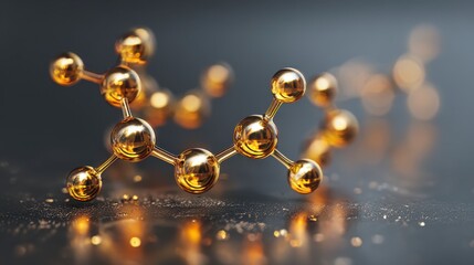 Close-up of a molecule model, rendered with a polished gold finish, against a dark, blurred background with scattered light