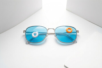 Blue sunglasses with tiny floaties in white studio