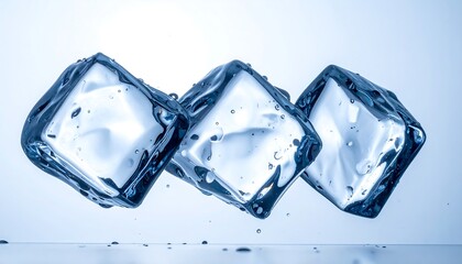 Three translucent ice cubes floating against a soft blue gradient
