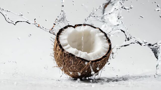 Coconut Splashing with Water - Tropical Fruit Refreshment in Slow Motion