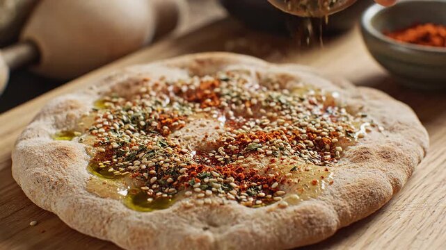 Chef sprinkling spices on freshly baked flatbread on wooden surface
