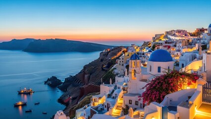 Naklejka premium Coastal town at sunset scenic view of buildings and water